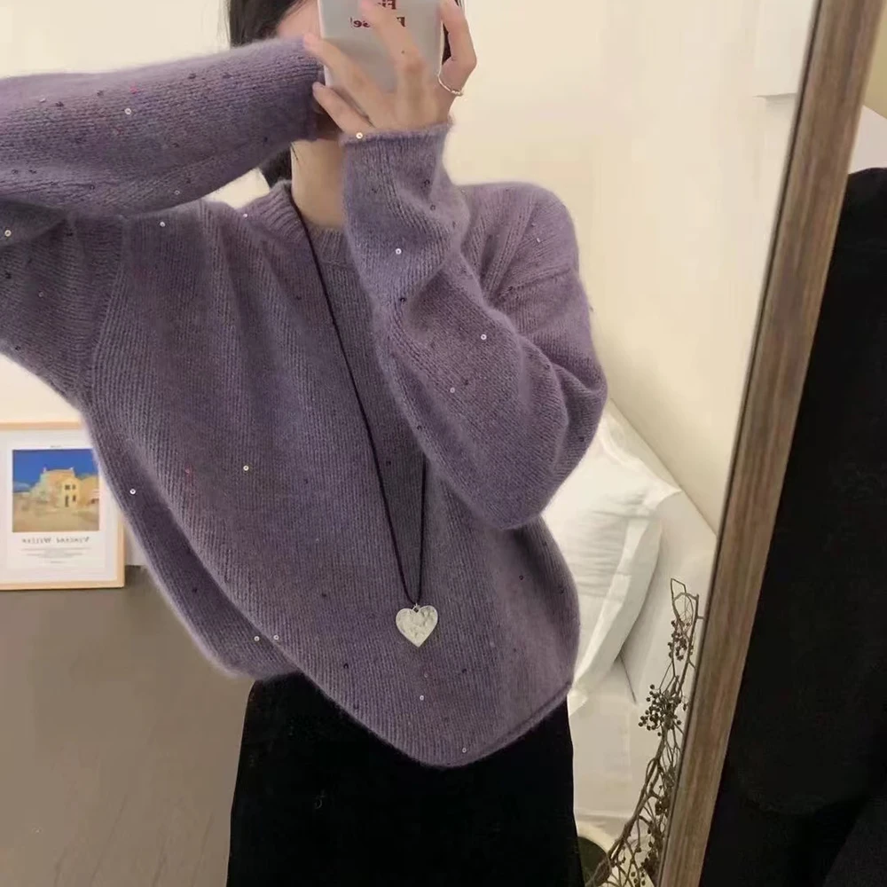 *【温柔秘诀】秋冬时尚休闲宽松圆领纯色亮片长袖针织衫女毛衣-694