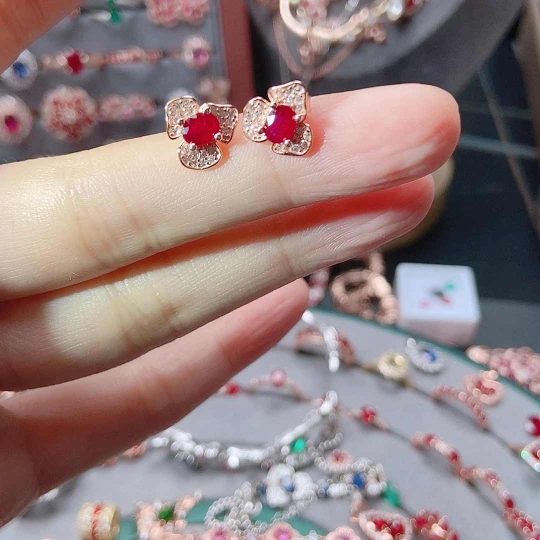 红宝石耳饰银S925镶嵌