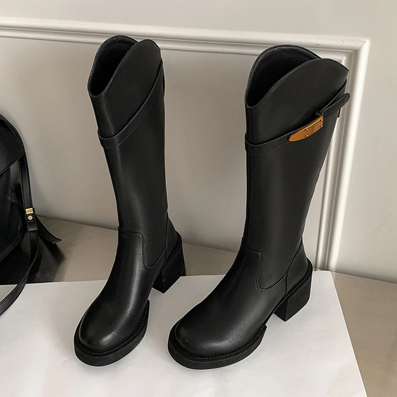 真皮时尚厚底高跟鞋粗跟小个子V口高筒靴女百搭复古后拉链骑士靴