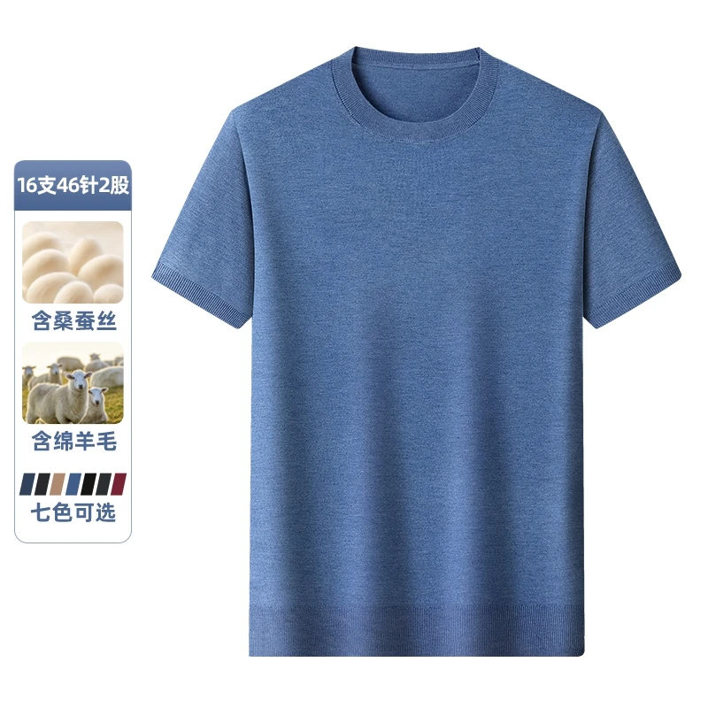 春秋男士薄款针织衫圆领2025新款桑蚕丝羊毛休闲T恤精纺短袖毛衣