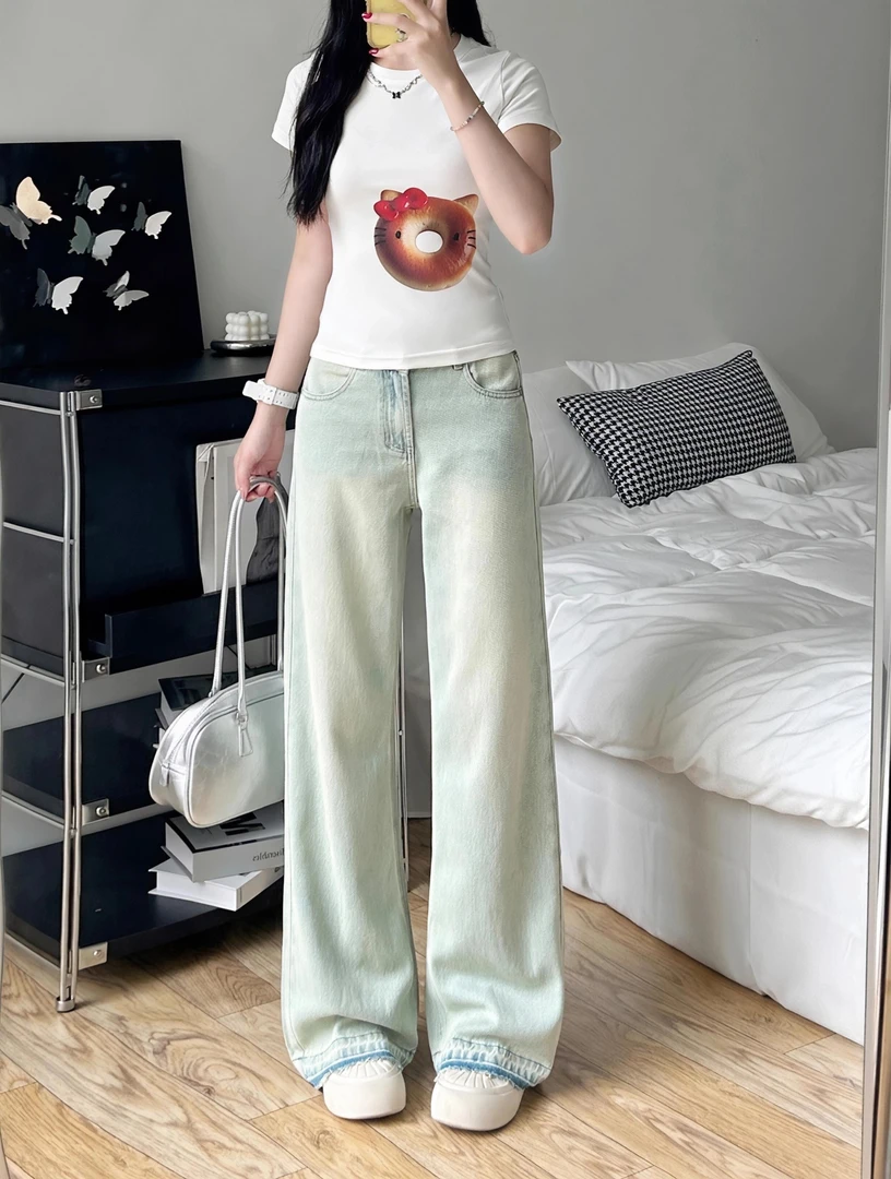 青色窄版阔腿牛仔裤时尚舒适