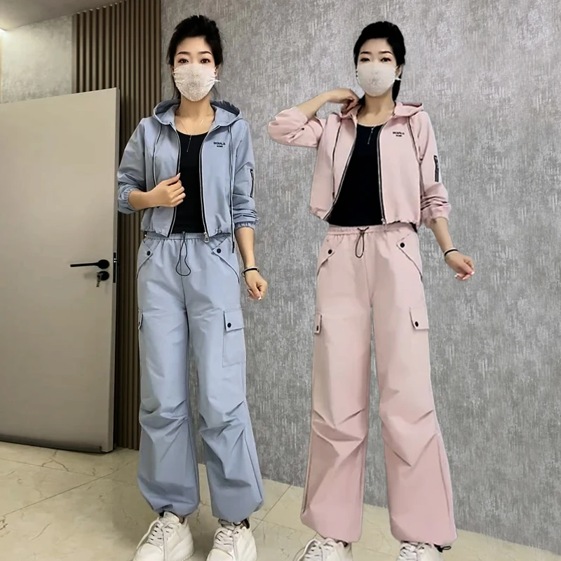 夏季休闲运动套装女2025时尚连帽宽松户外上衣+背心+阔腿裤三件套