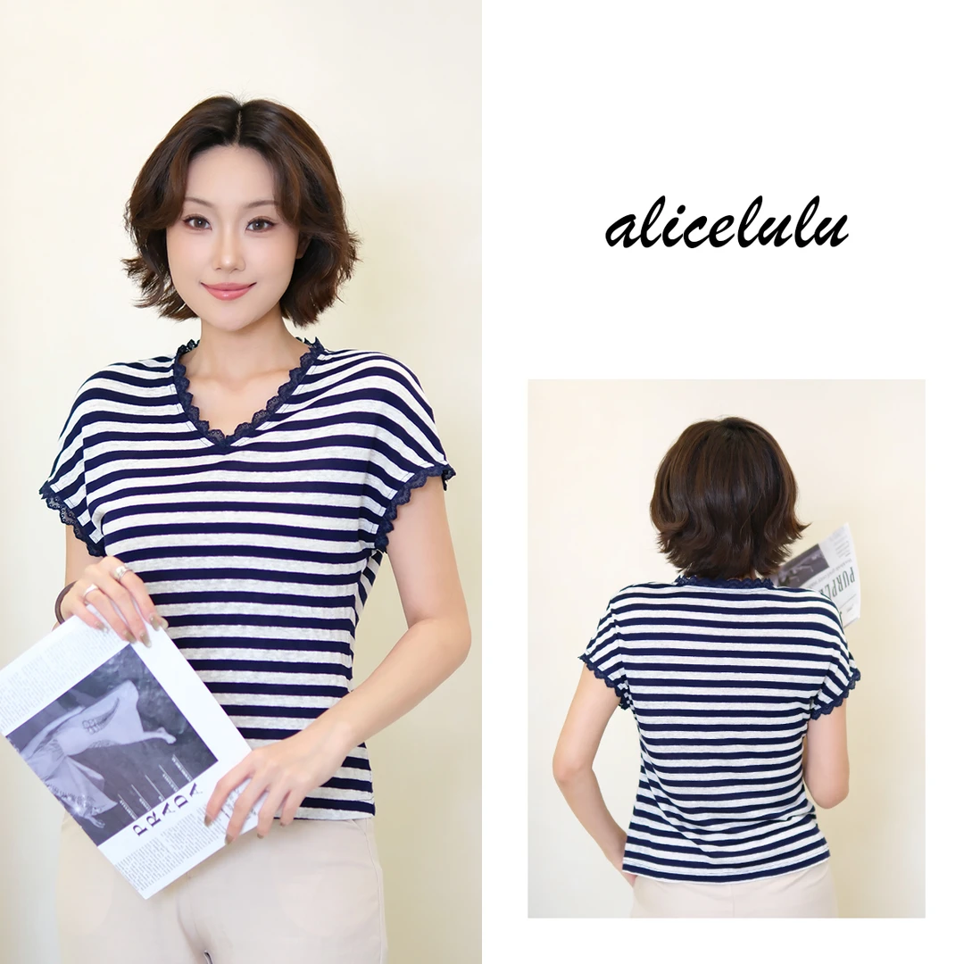 [alicelulu]韩系蕾丝V领宽松显瘦条纹衬衫上衣S2143015L