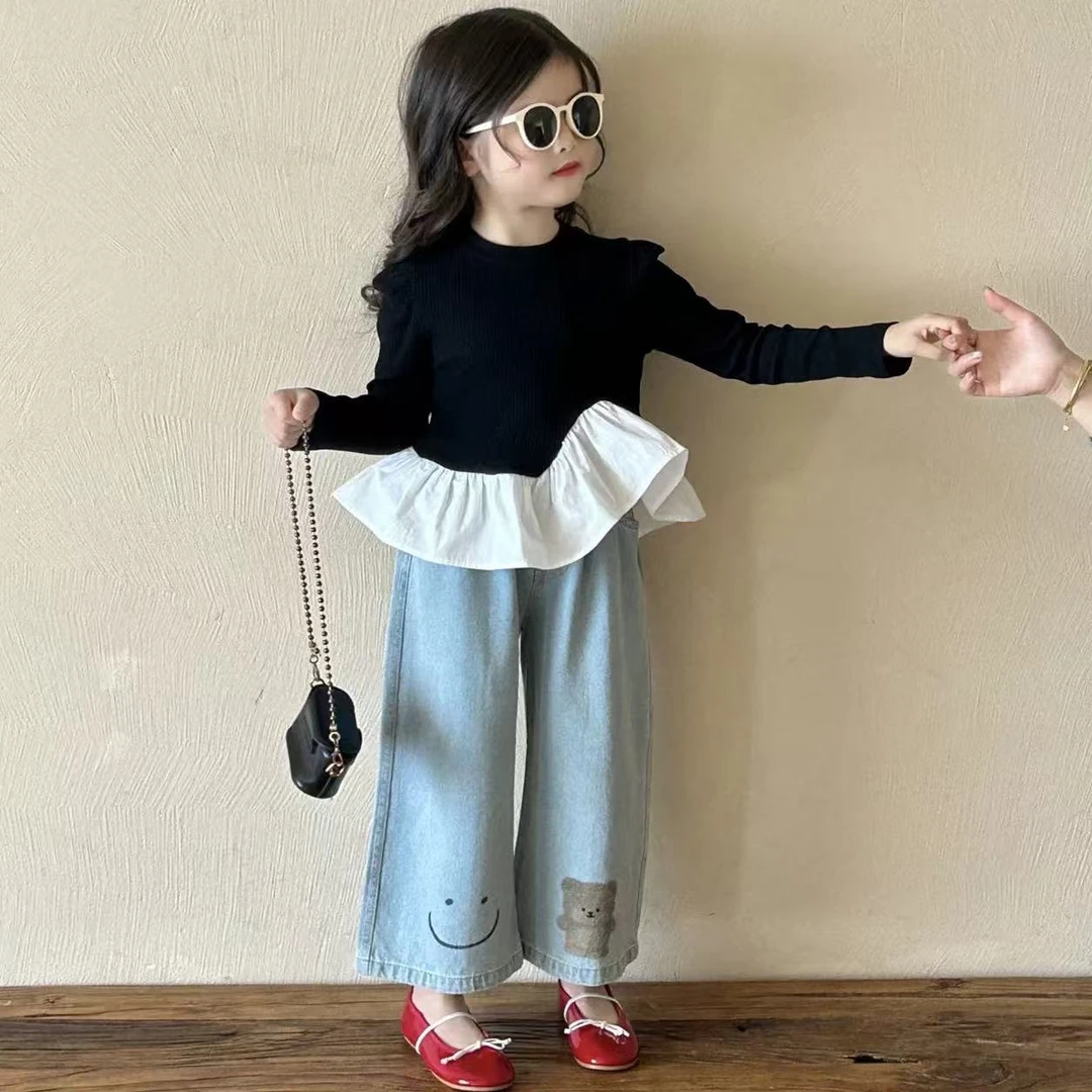 女童韩版荷叶边长袖上衣T恤小熊牛仔裤两件套女童拼接娃娃衫套装