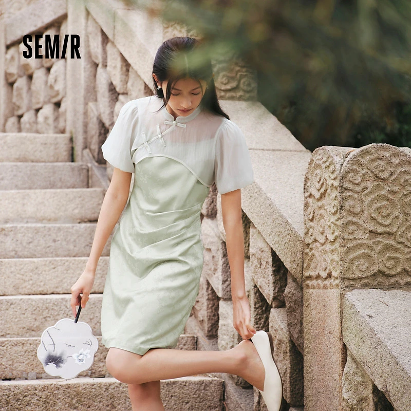 森马新中式连衣裙女肌理吊带裙泡泡袖罩衫夏季新款套装优雅裙子