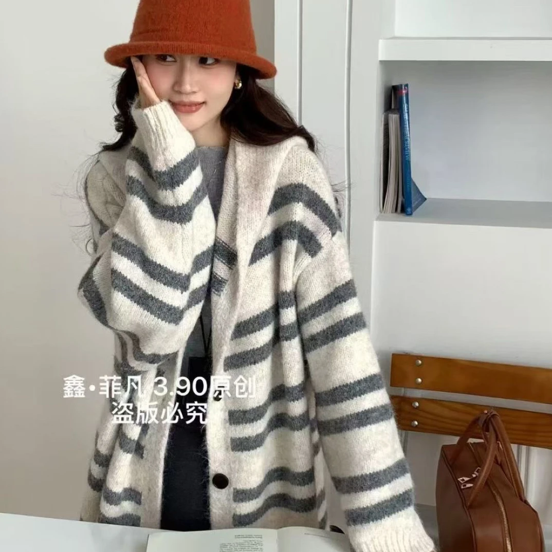 812厚款针织秋冬条纹时尚长款百搭毛针织衫撞色连帽