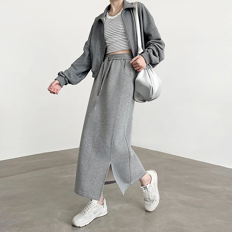 灰色半身裙女2025新款春秋款高腰a字包臀休闲中长裙直筒开叉卫裙