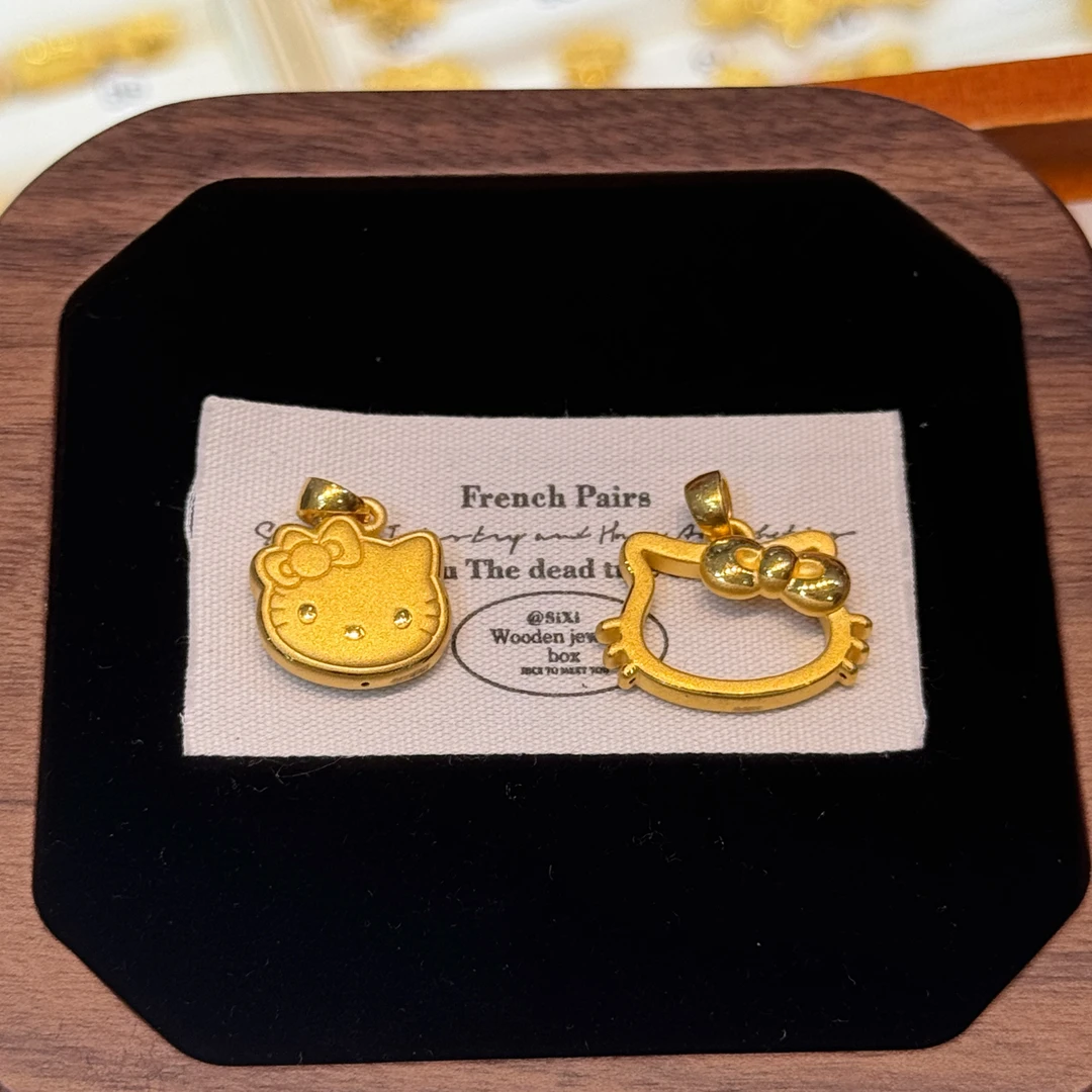 足金999镂空kt头饼干双框猫咪凯蒂猫吊坠瓜子扣素金3D硬金饰品