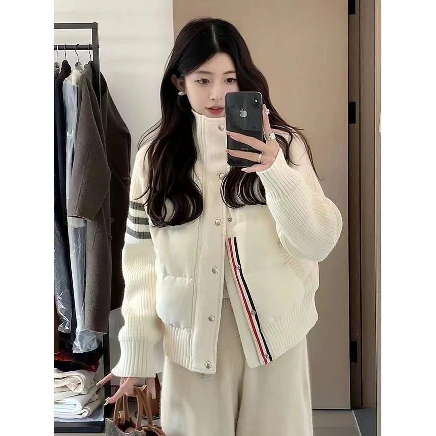 韩版高级感撞色针织拼接棉服女冬季小众时尚百搭短款保暖棉衣外套