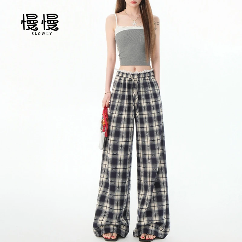 蕾丝复古格子裤女夏季高腰显瘦设计感休闲百搭薄款抽绳直筒阔腿裤