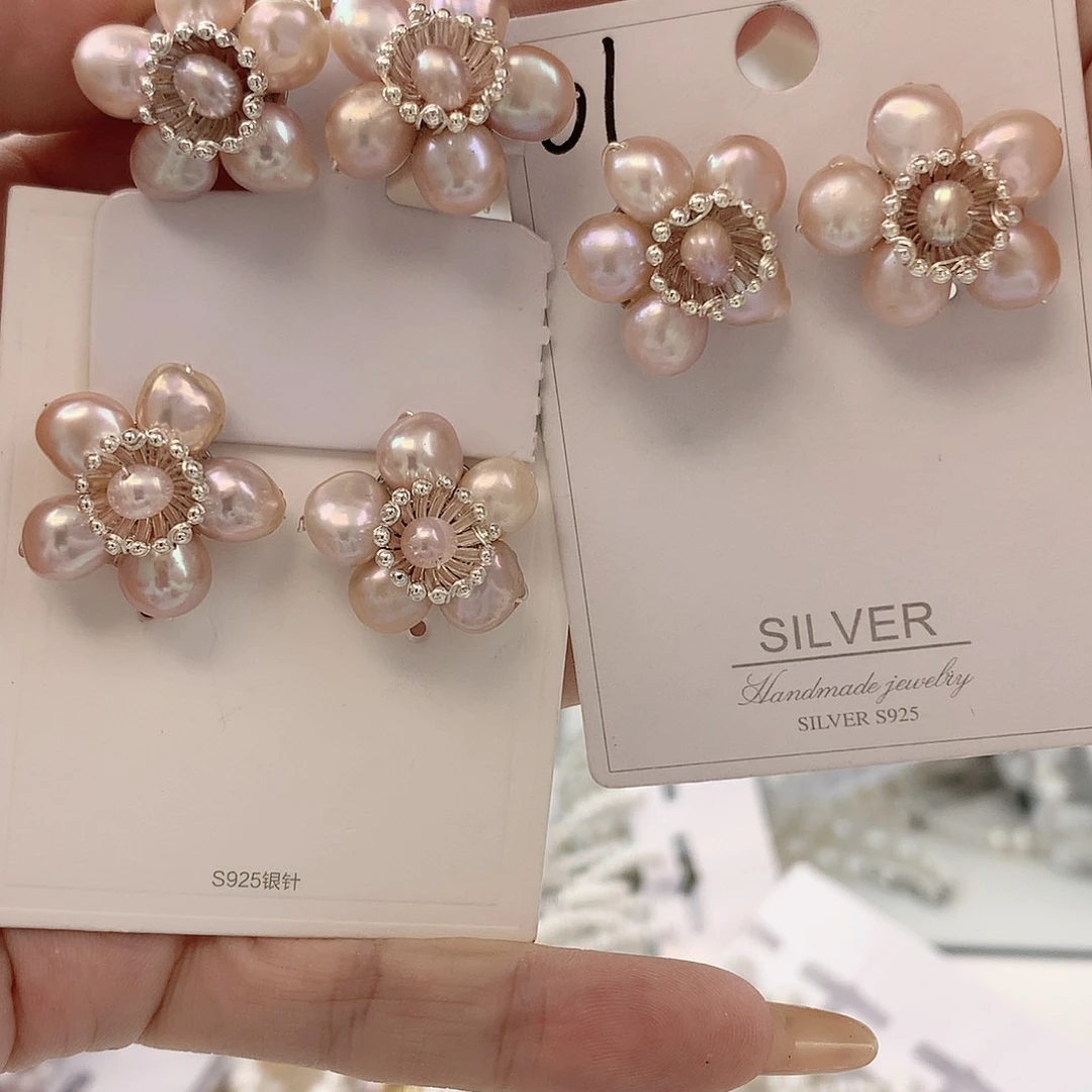 银S925镶嵌耳饰淡水珍珠粉紫心