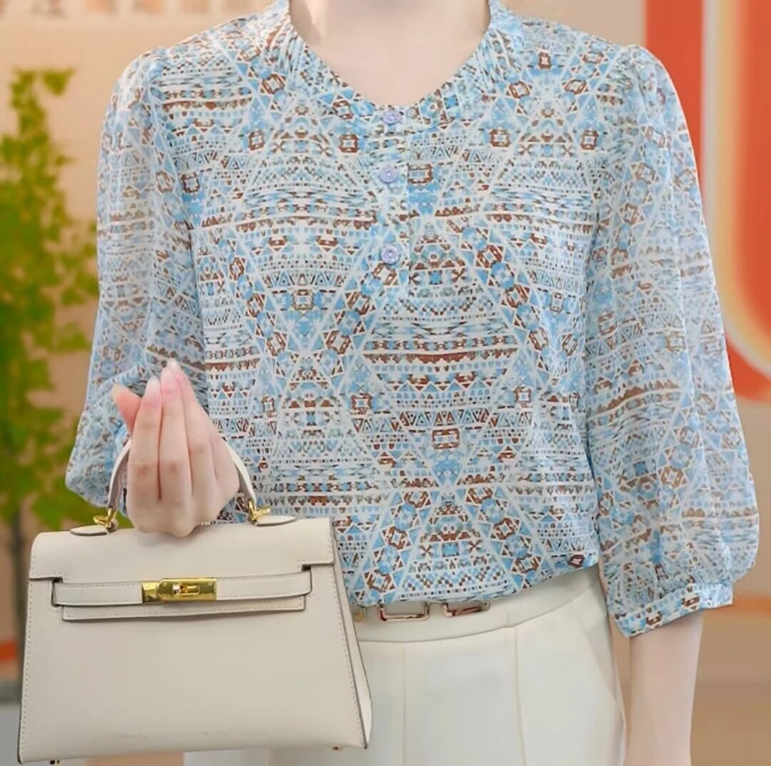 【洒银】夏天薄款冰丝衬衫2025新款中年妈妈显瘦宽松透气七分袖上衣