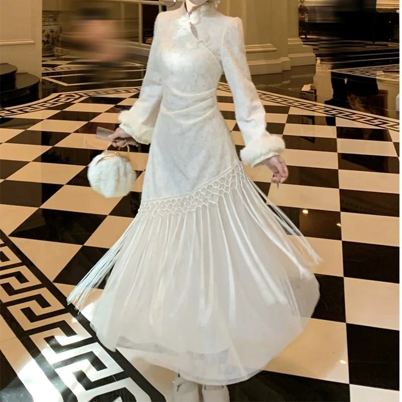 绒雪沁香 新中式立领气质温柔加绒加厚流苏旗袍连衣裙冬 2025新款