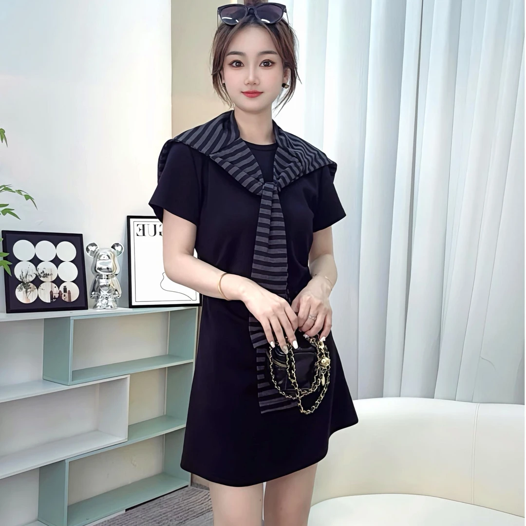 时尚套装夏季拼接减龄收腰短袖连衣裙裙子假两件法式显瘦大码