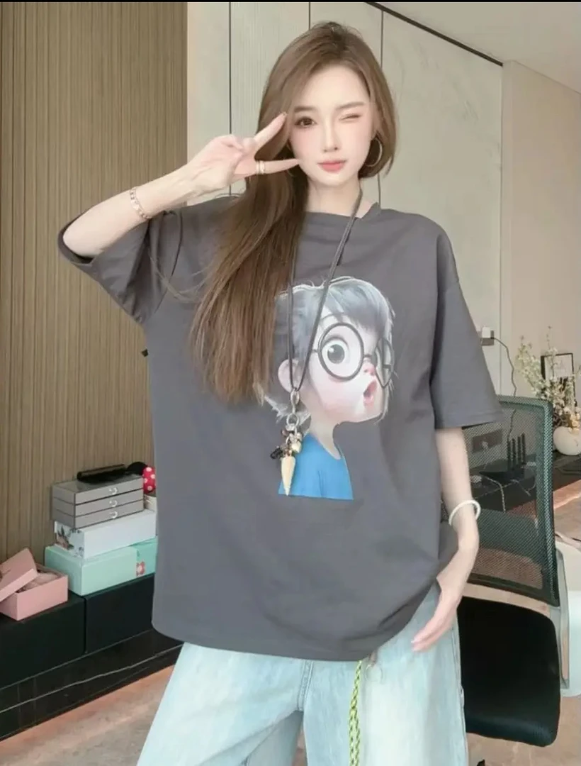 （现货）夏宽松上衣设计感后背蕾丝蝴蝶结小女娃印花圆领短袖T恤女