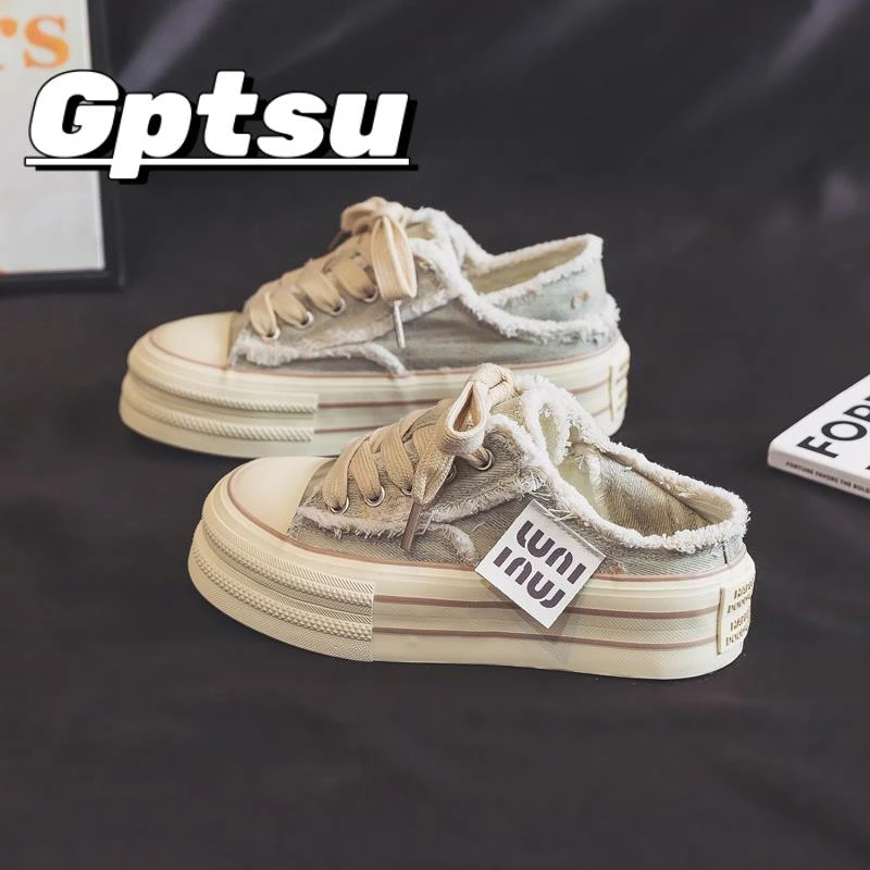 GPTSu夏季新款厚底半拖两穿帆布鞋女小众百搭休闲鞋板鞋轻便女鞋