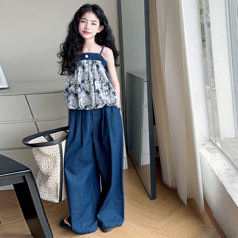 女童套装夏装6-12岁洋气中大童时髦碎花吊带阔腿裤韩系女孩两件套