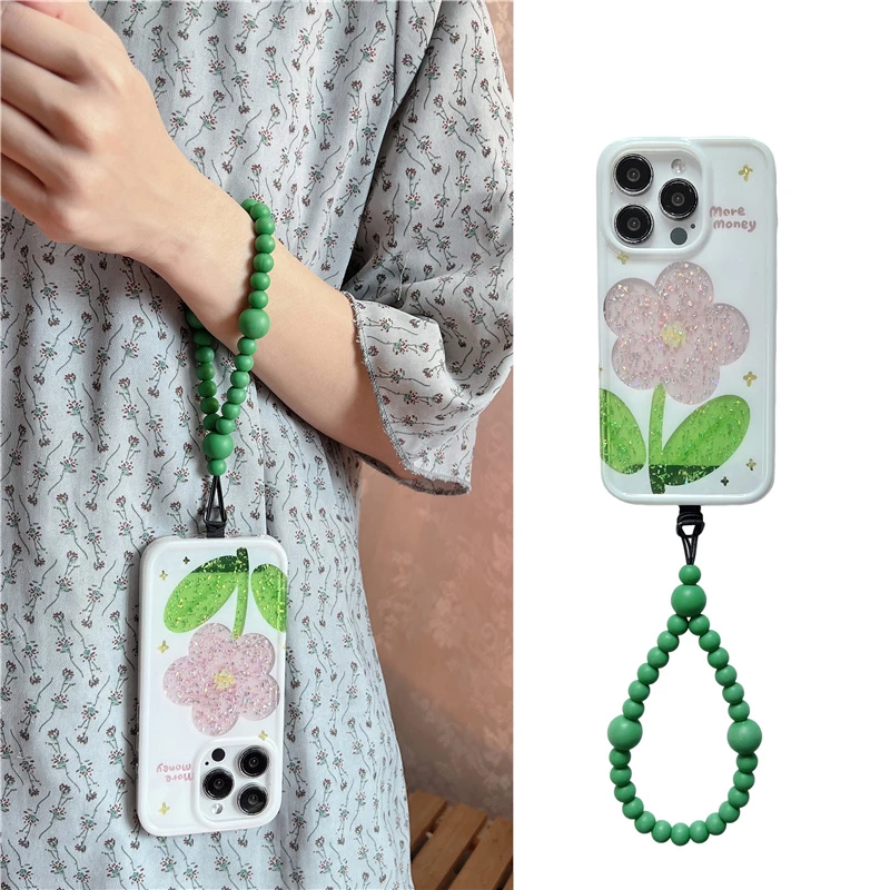 夏季简约闪粉花朵绿色弹力手拎珠适用苹果15全包iphone16手机壳14