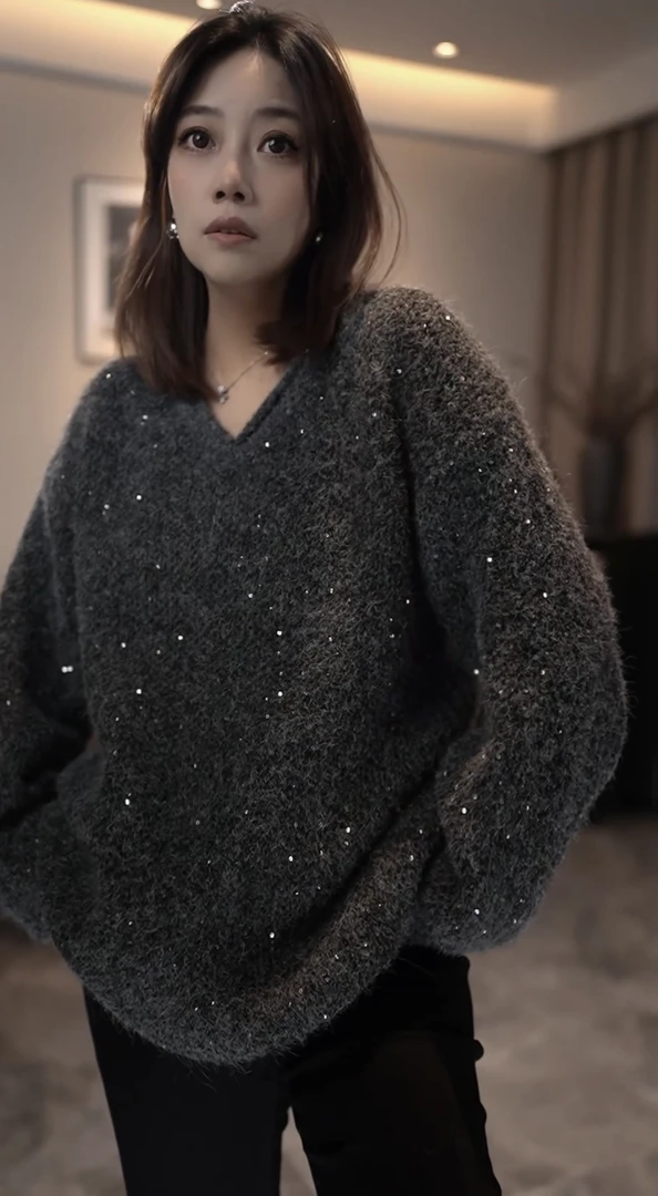2024冬季新款时尚减龄洋气欧货珠片V领套头加厚软亲肤毛衣针织衫
