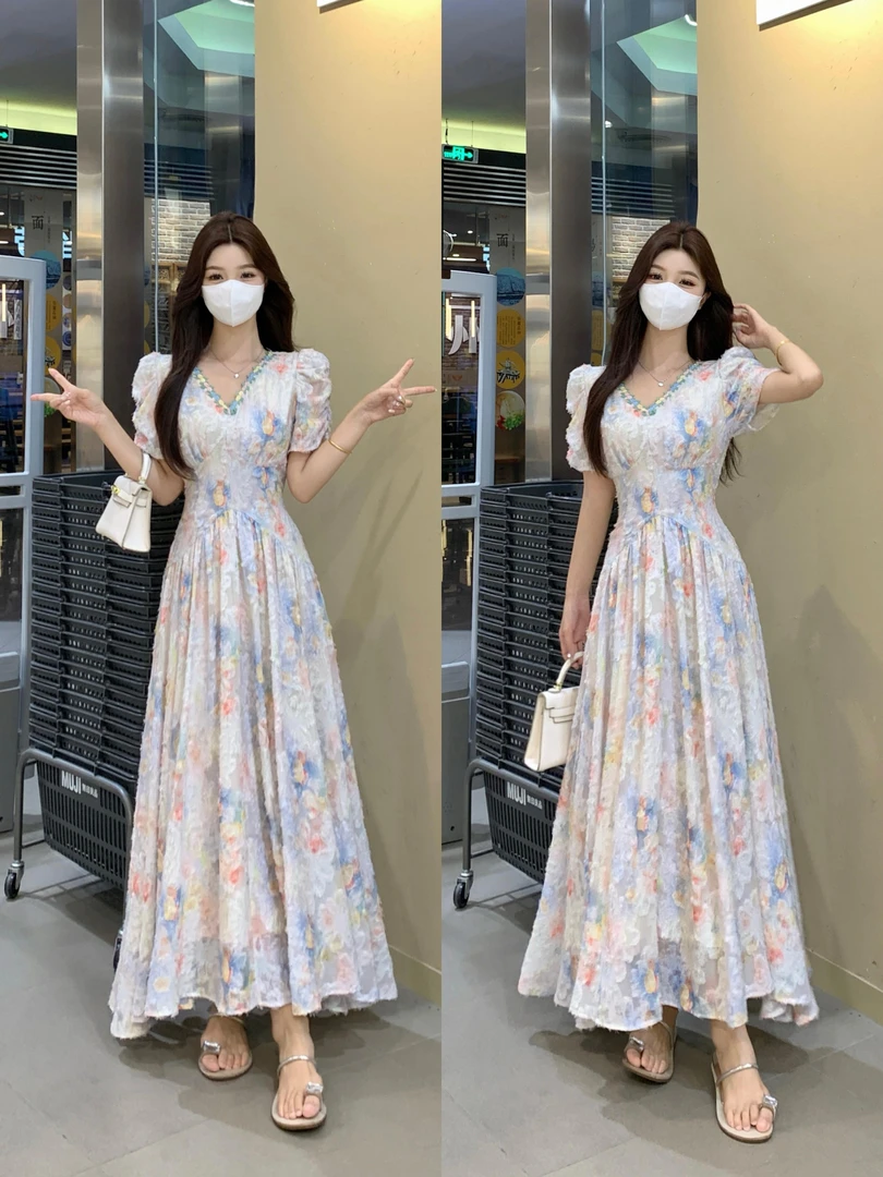 大码法式甜美风碎花连衣裙高腰显瘦夏季新款绝美仙女长裙