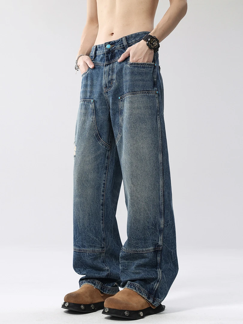 美式高街伐木破洞牛仔裤男士潮牌痞帅宽松直筒设计感小众阔腿长裤