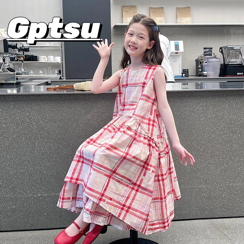 GPTSu女童洋气格子背心裙儿童公主裙大童连衣裙女孩长裙2025新款