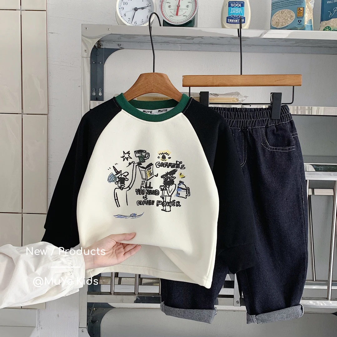 【郝叔专属】MY9439儿童深秋拼色拼接奥粒绒卡通印花卫衣