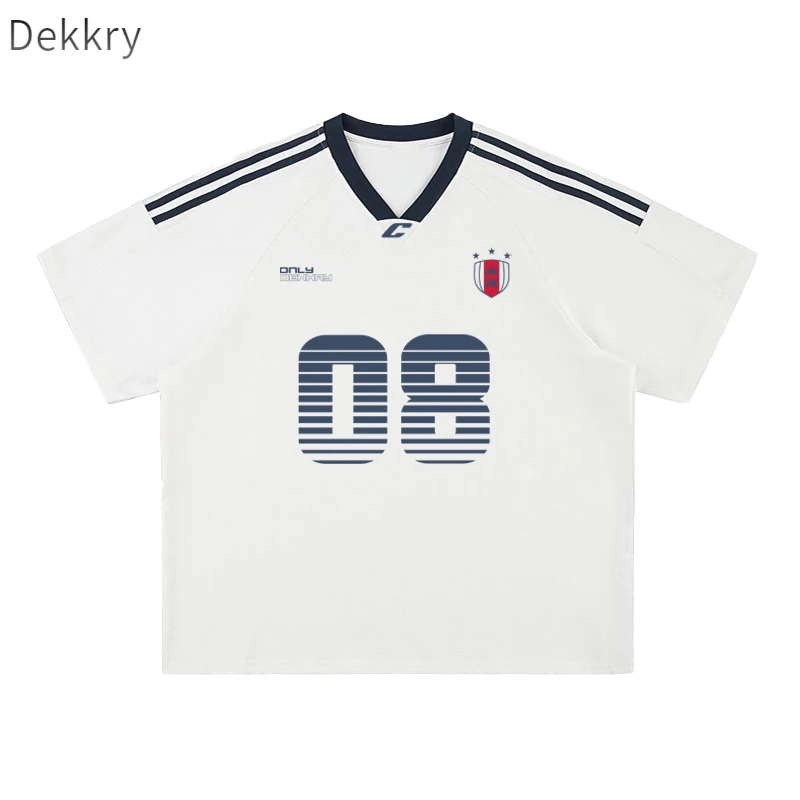 【Dekkry】夏季创意数字印花宽松休闲美式ins拼色条纹短袖t恤男女
