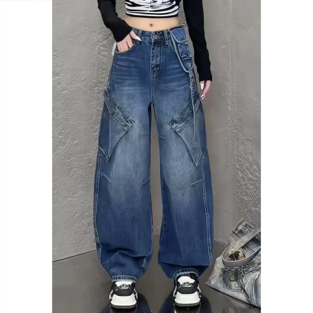 艾塔莉阔腿裤美式牛仔裤早秋新款女时尚百搭小众牛仔裤复古水洗