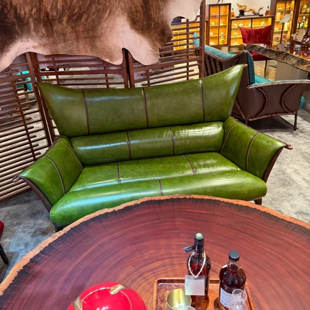 茶室会所双人位真皮沙发轻奢头层油蜡牛皮休闲区两人位酋长椅jz