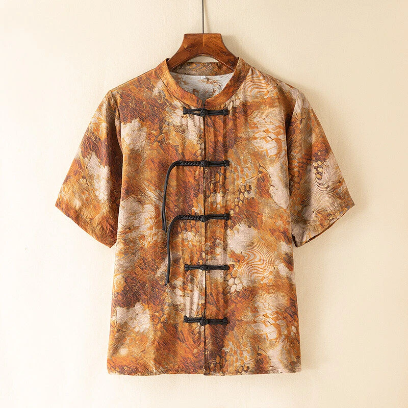 高级感提花新中式衬衫男夏季中国风编织盘扣唐装大码宽松短袖衬衣