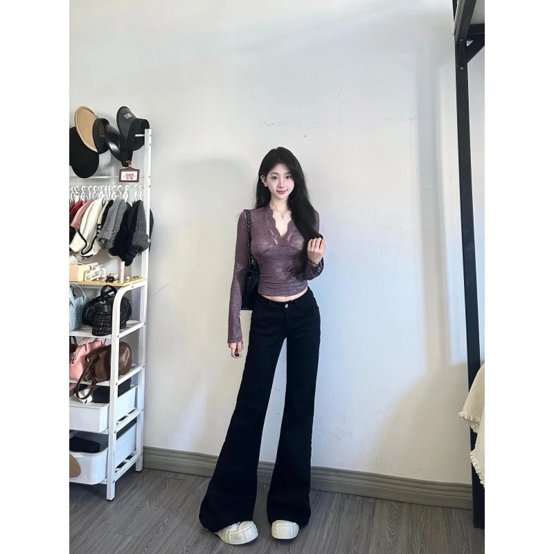 纯欲风设计感V领紫色性感镂空长袖上衣秋季高腰休闲百搭拖地长裤