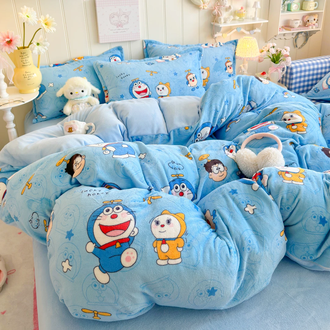 加厚保暖卡通哆啦a梦牛奶绒被罩男孩叮当猫儿童珊瑚绒床笠单被套A