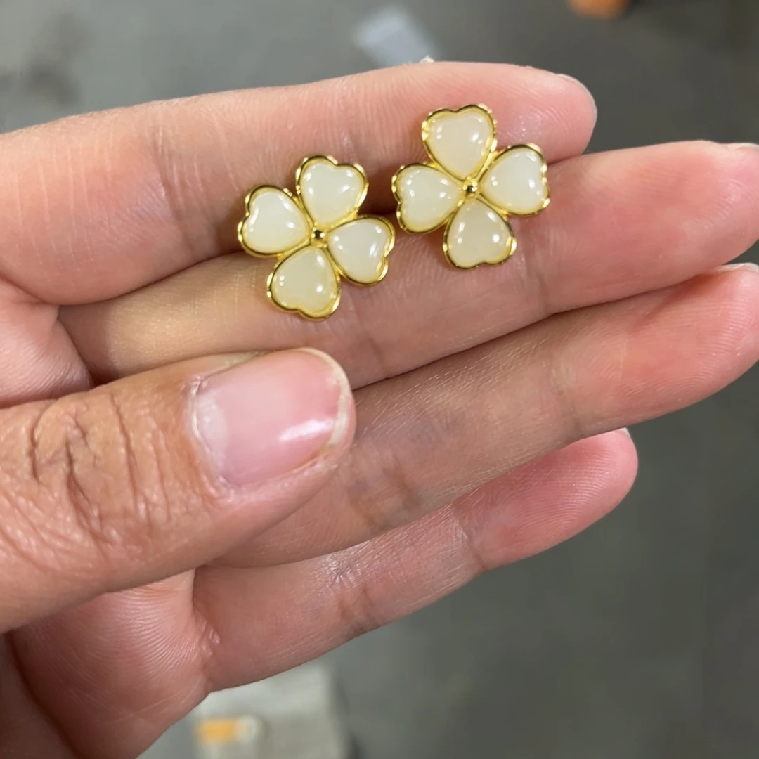 和田玉耳饰银S925镶嵌