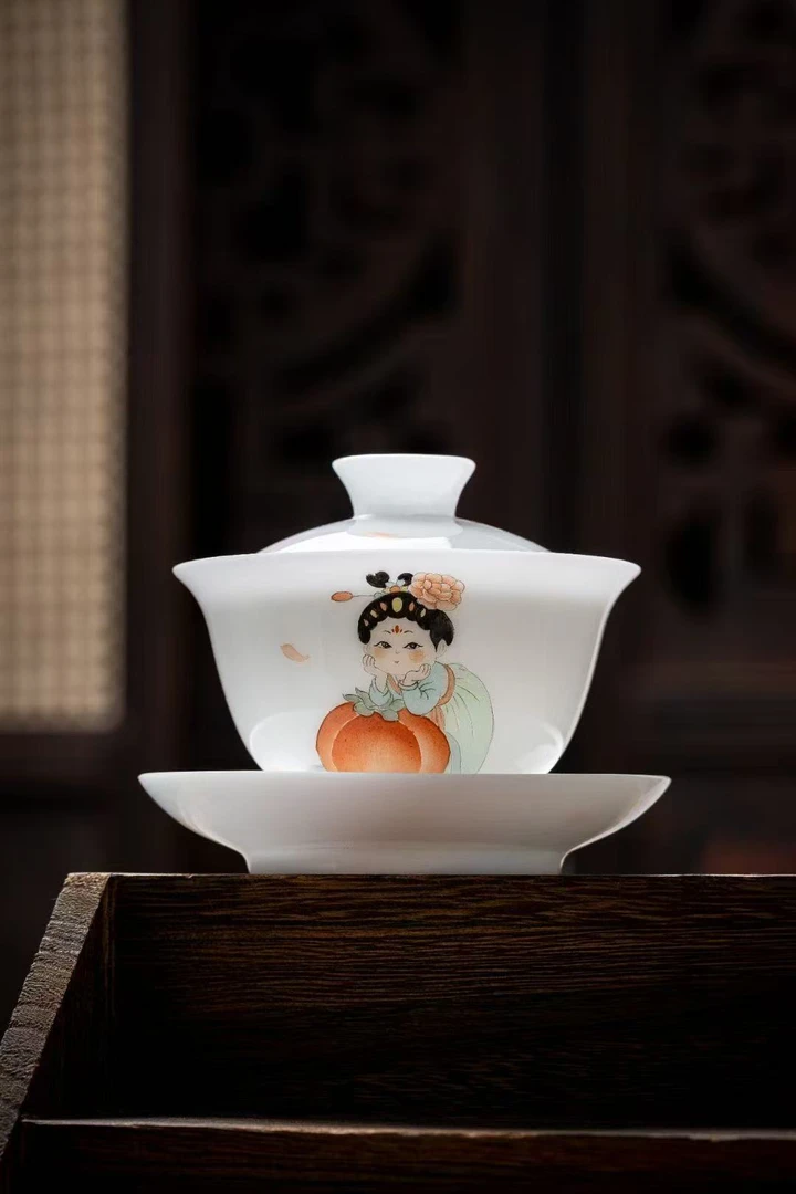 德化高端白瓷纯手绘三才盖碗手绘品茗杯（仕女）