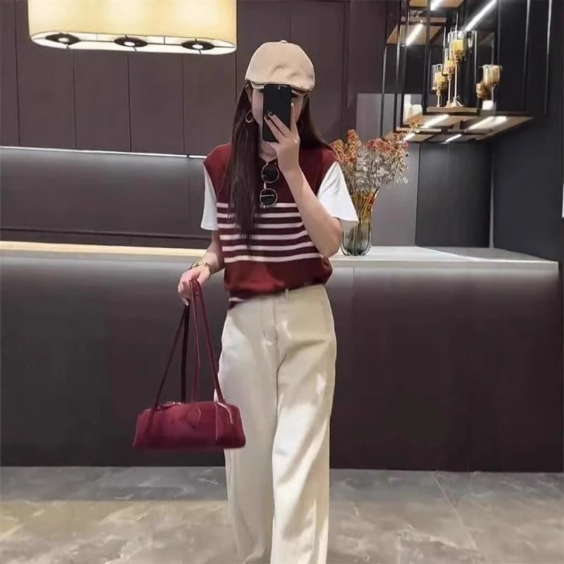 假两件红色条纹拼接圆领短袖针织衫T恤女春夏季新款洋气时尚上衣