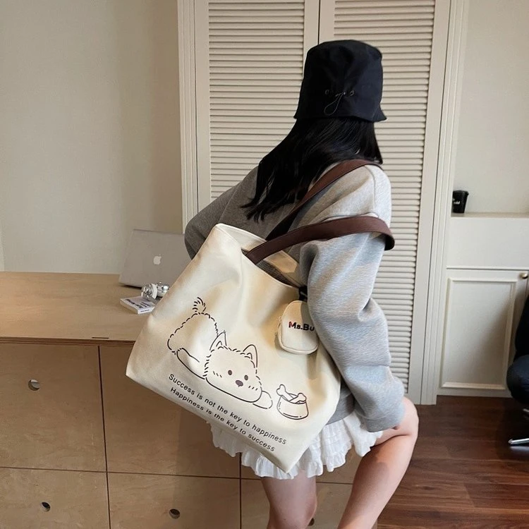 托特包小众休闲熊单肩包一包多背女包拉链慵懒帆布包