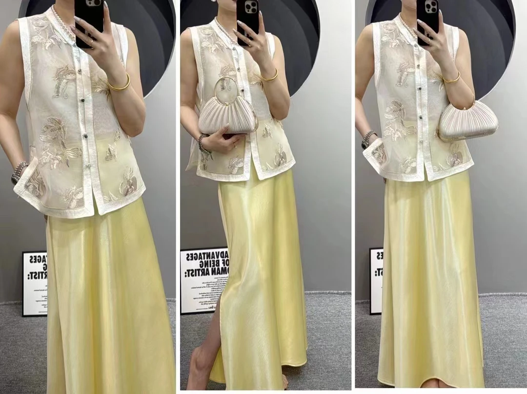 新中式刺绣马甲女薄款纱背心立领复古中国风坎肩外搭上衣