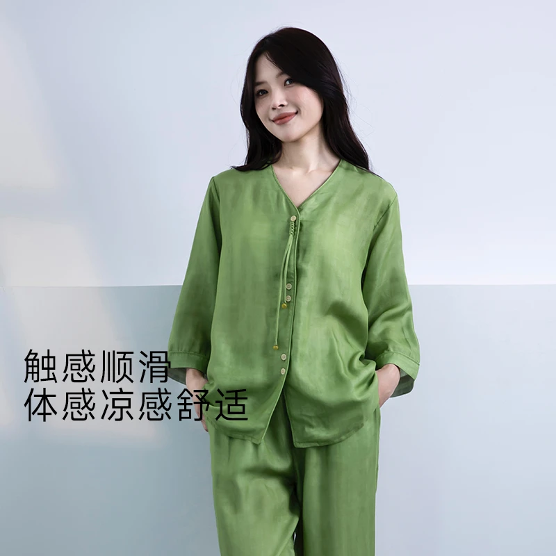 宜色家情侣睡衣爆款2025新款夏季V领七分袖透气可外穿家居服套装