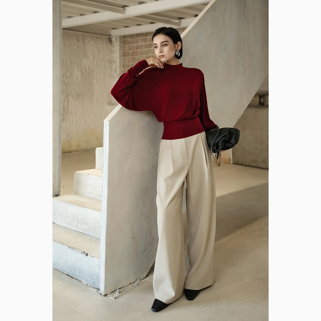 【女作家】味道款 醋酸弹力收腰宽松蝙蝠袖垫肩高领T秋冬新品（裱里）