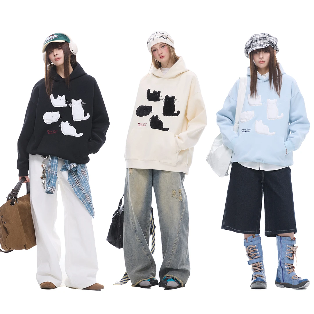 ZEXO 慵懒风毛绒猫咪图案重磅套头休闲连帽卫衣 ZE2505