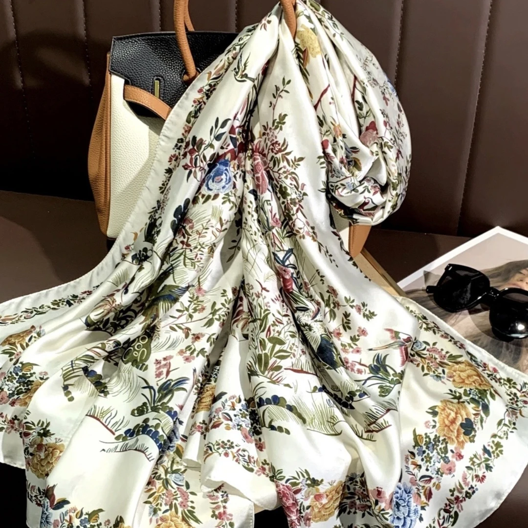 099鸟语花香80*180古典气质时尚防晒百搭长巾披肩丝巾优雅