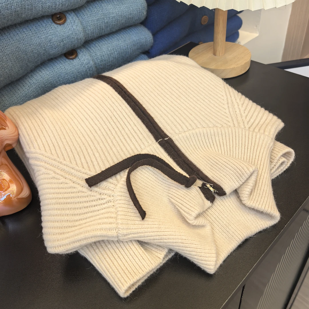 撞色拉链立领百搭纯色米白针织拉链衫外套女75