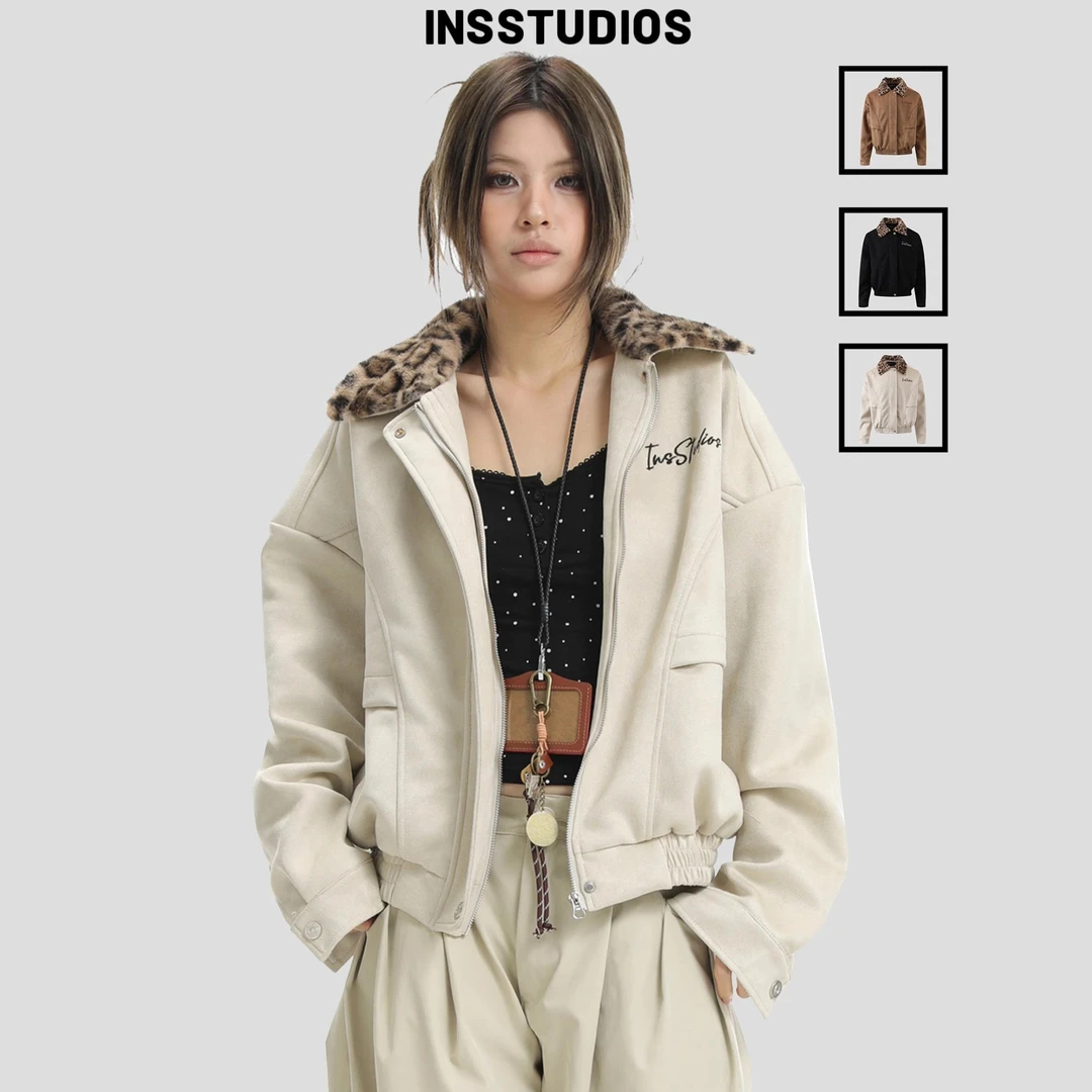 INSstudios国潮牌情侣美式巴恩风豹纹翻领夹克外套春季仿麂皮上衣