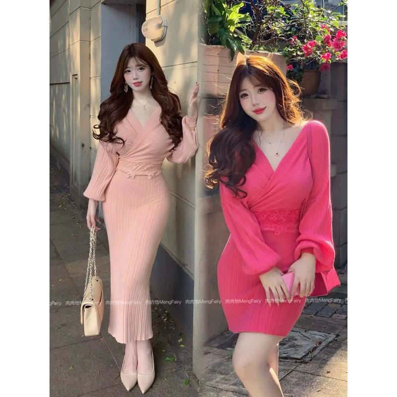 萌面侠肉肉怡 短现【名媛美学】秋冬意式V领蕾丝针织连衣裙6650B 69