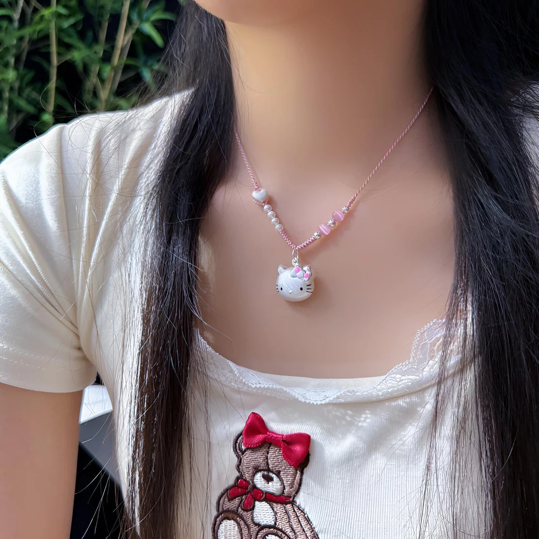 吊坠足银 儿童时尚可爱凯蒂猫吊坠HelloKitty编绳儿童项链999纯银