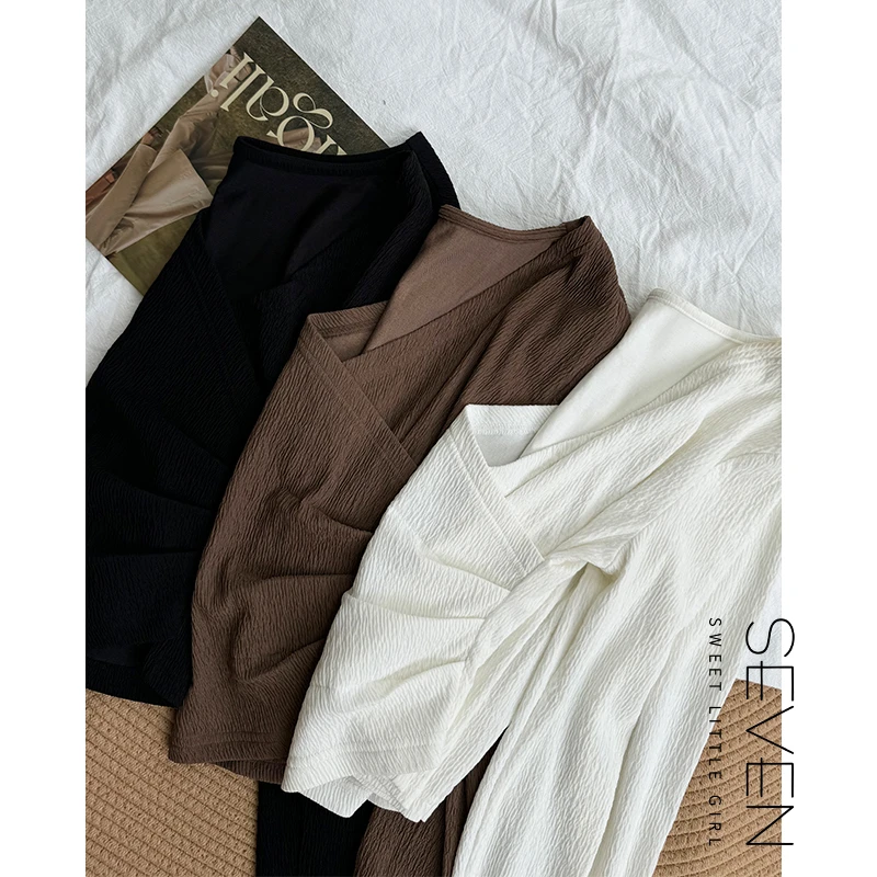 8抗皱T七七146小个子秋季泡泡褶收腰长袖女修身百搭打底衫小美说