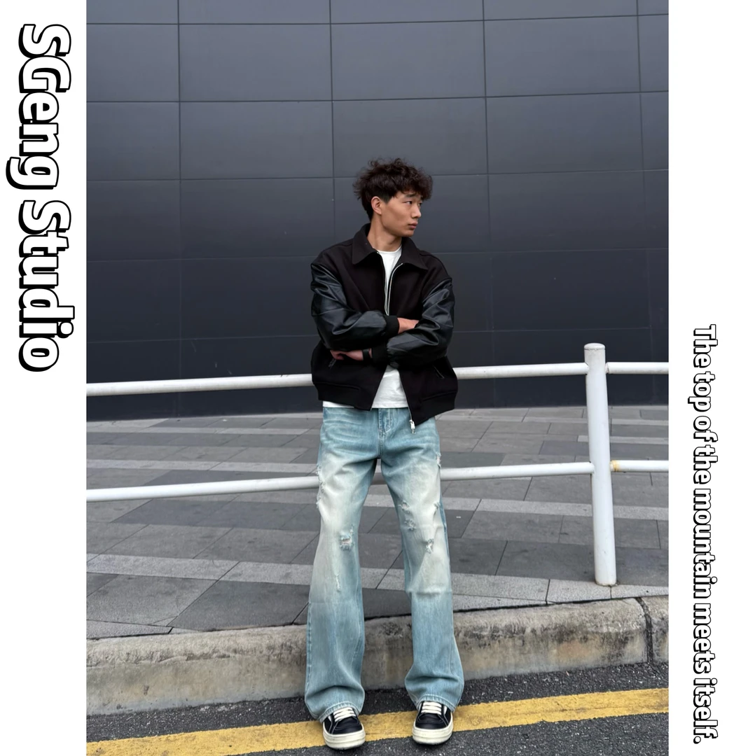 SGeng.2025秋冬ins高级感宽松直筒baggy水洗牛仔裤vibe浅冰蓝长裤