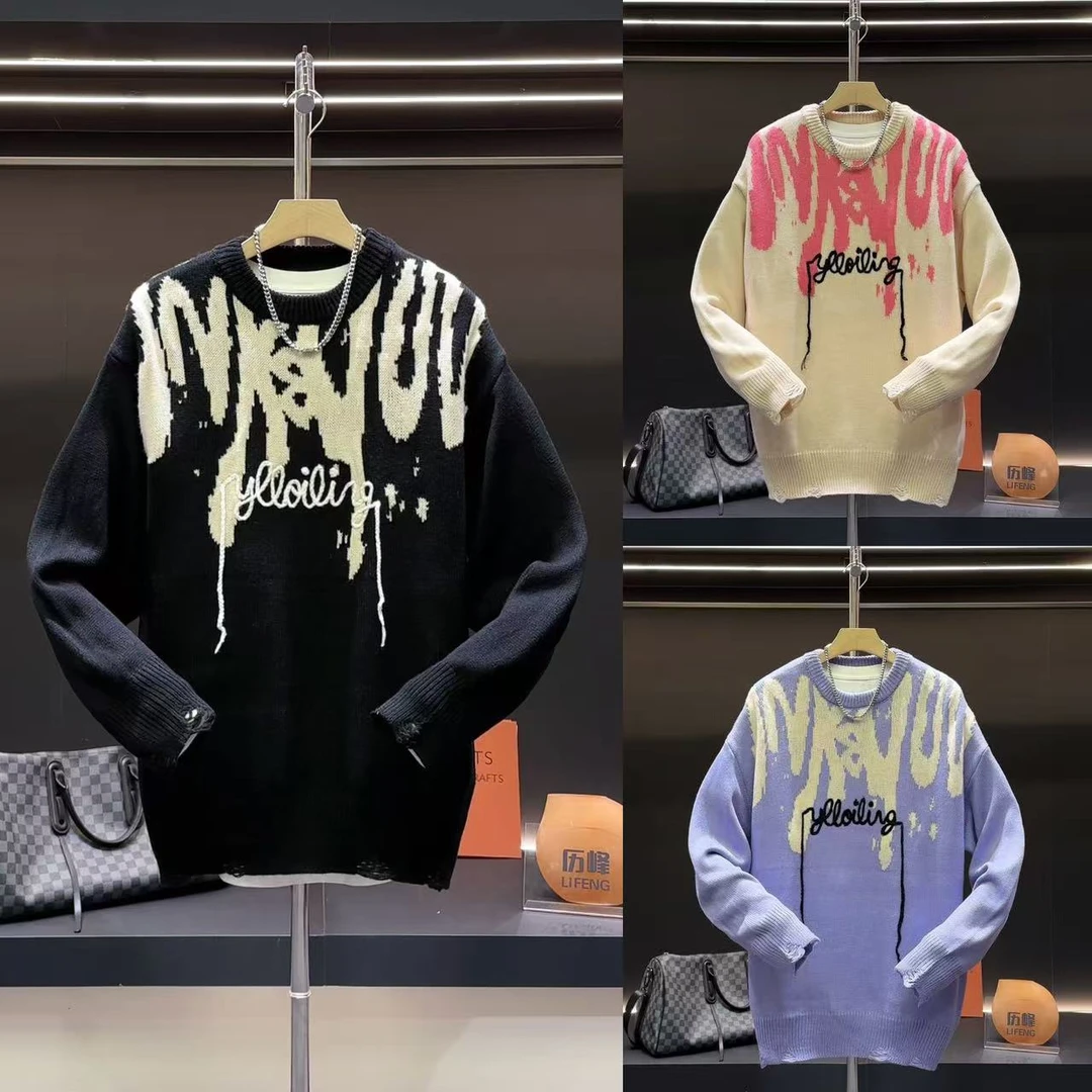 美式潮流加厚保暖时尚慵懒风情侣穿搭撞色钩花圆领长袖针织毛衣