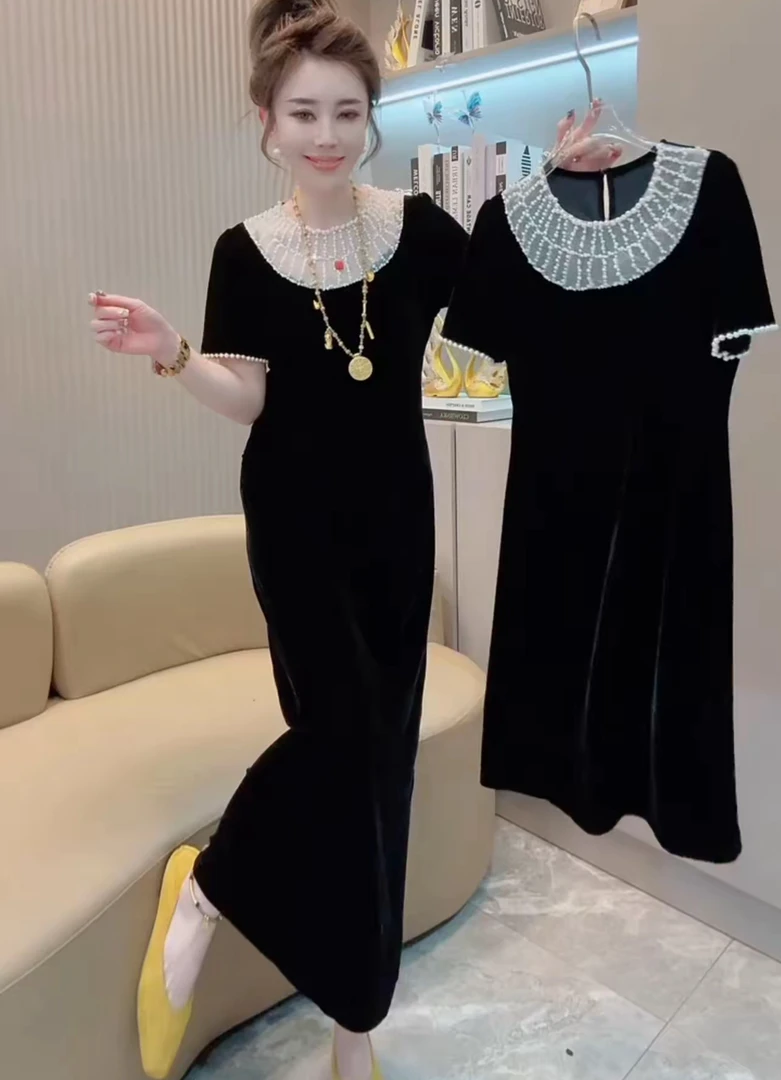 重工串珠丝绒夏季女款连衣裙2025新款高弹力时尚百搭收腰显瘦遮肉